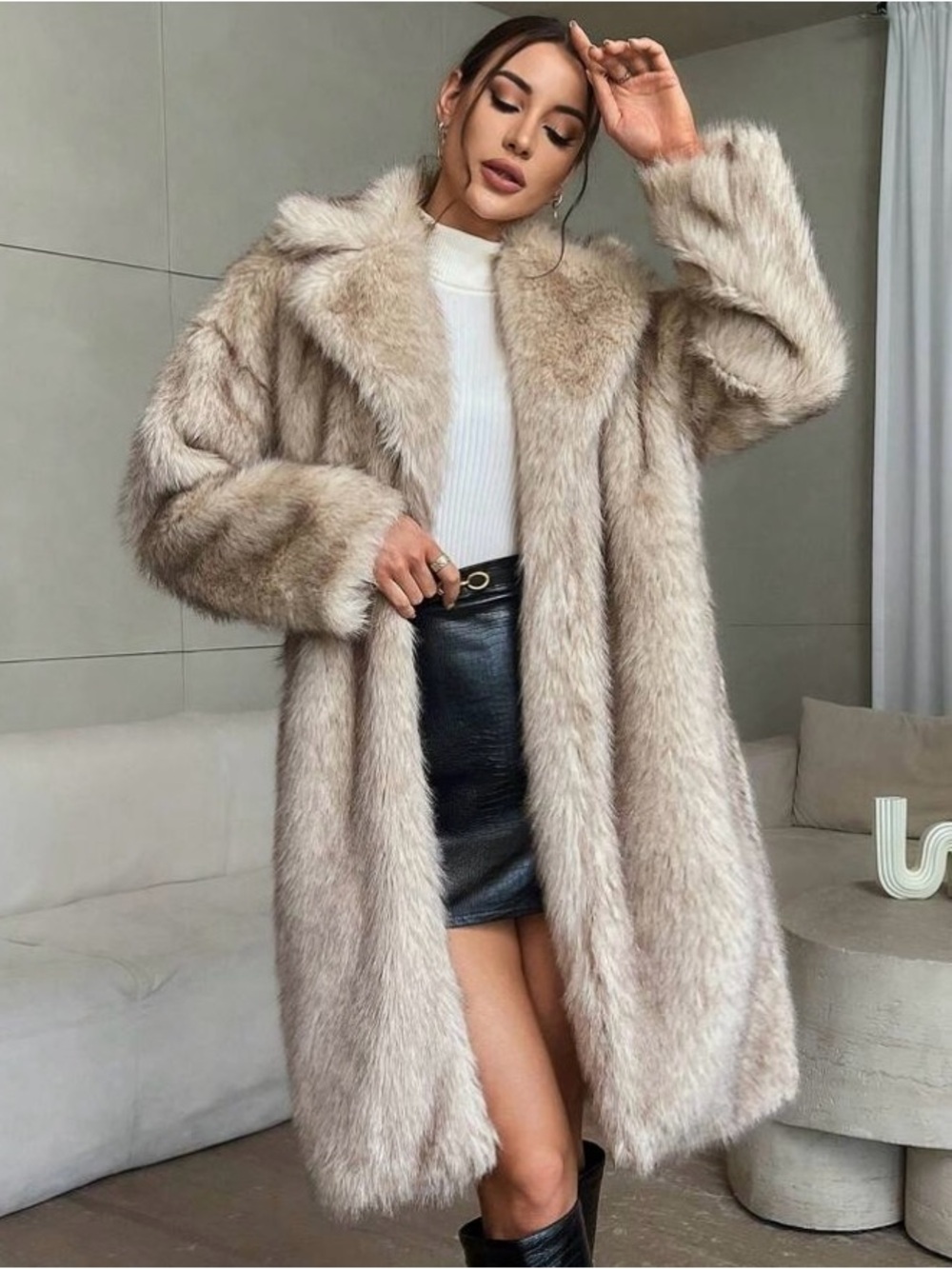 Luxury Faux-Fur Long Coat in off white & Brown mix.
